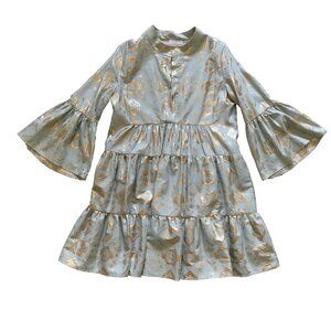 Lace the Brand Mini Dress Womens Small Blue Gold V-Neck 3/4 Sleeves Tiered Italy